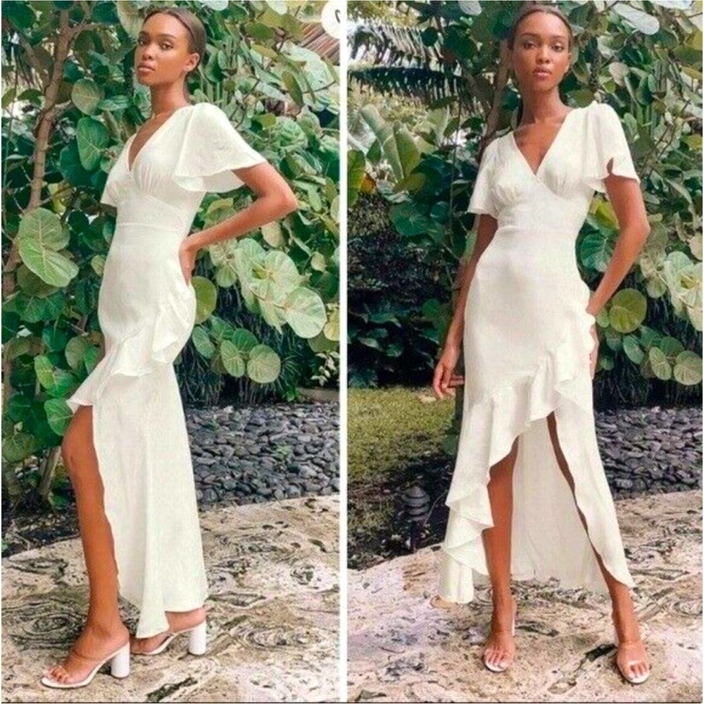 Lulu’s Eternal Bond White Satin Ruffled Flutter Sleeve Maxi Dress Small Bride